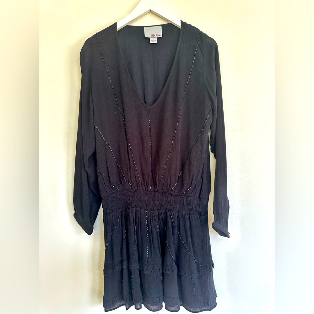 Chloe Oliver Smocked Waist V Neck Black dress with beaded detail large